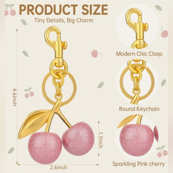 Gold and Pink Cherry Keychain - Picture 2 of 3